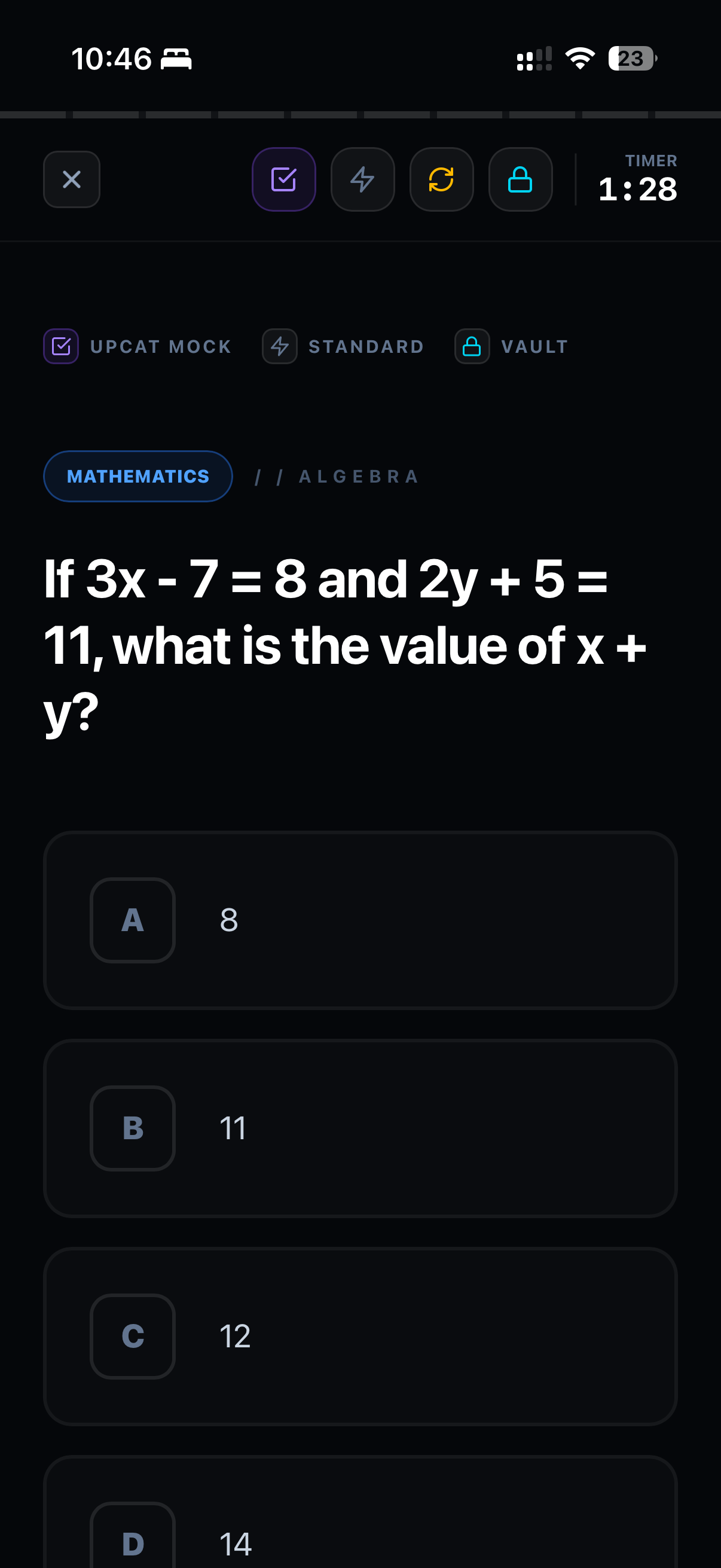 Alamat exam reviewer — AI-generated UPCAT mock algebra question with multiple-choice options and timer