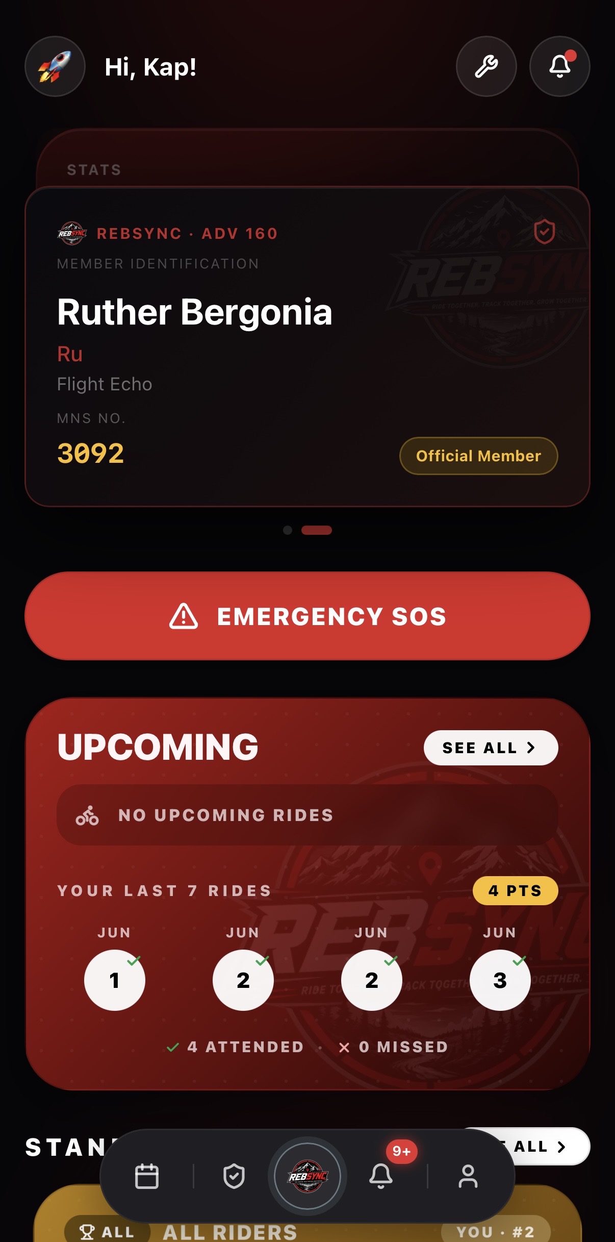 RebSync rider dashboard — member ID, emergency SOS, upcoming rides and points